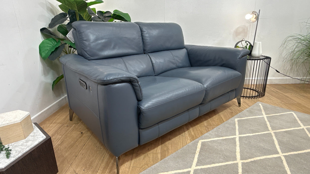 Sofology Illinois Leather 2 Seater Power Recliner/Headrest Heated Seats in Trusty Soft Sheen Smoke Blue