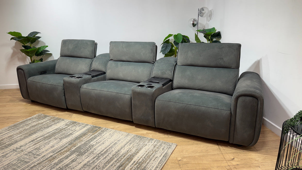 Sofology Premiere Fabric 3 Seater Cinema Sofa Consoles Power Recliner/Headrest x 3 in Lifestyle Flecked Mineral Green