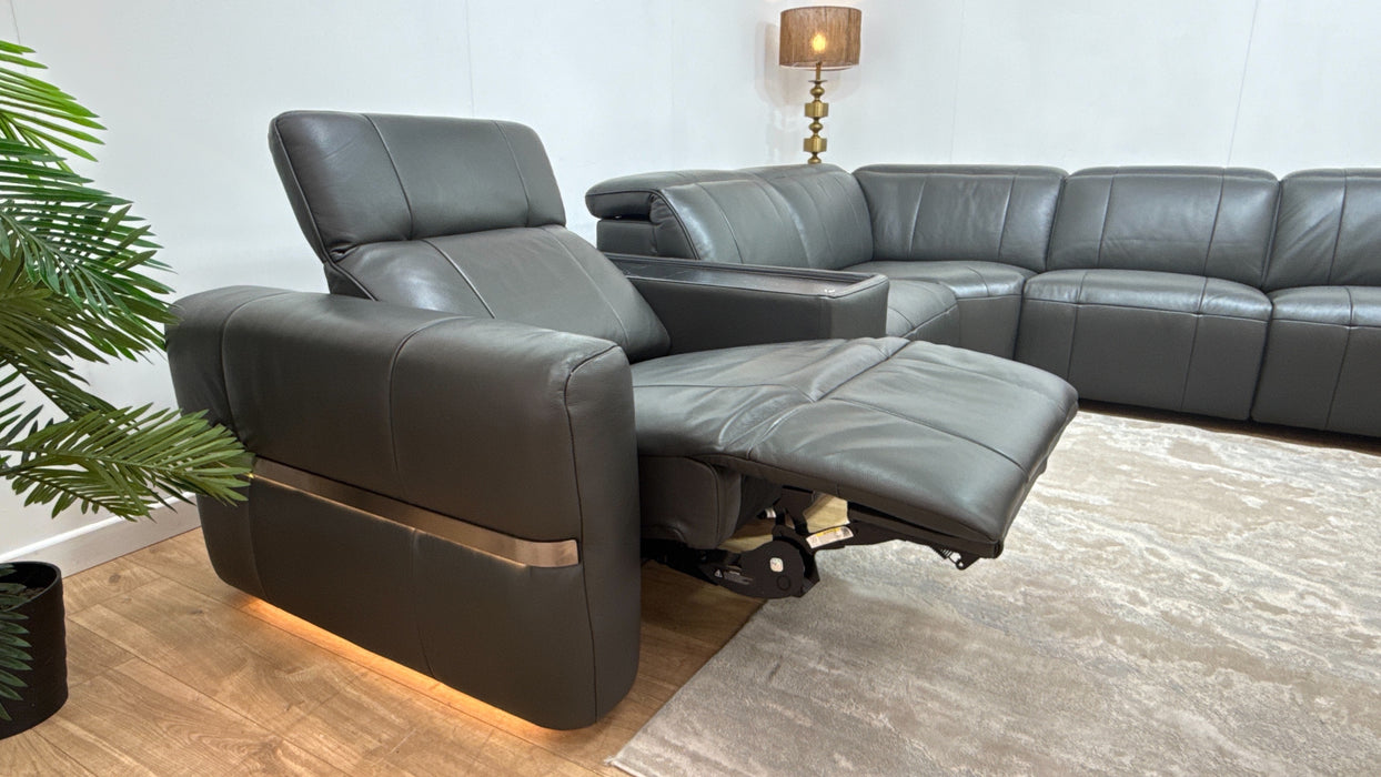 Sofology Lumiere Leather 3 Console Corner 3 Power Recliner/Headrest in Trusty Embossed Charcoal