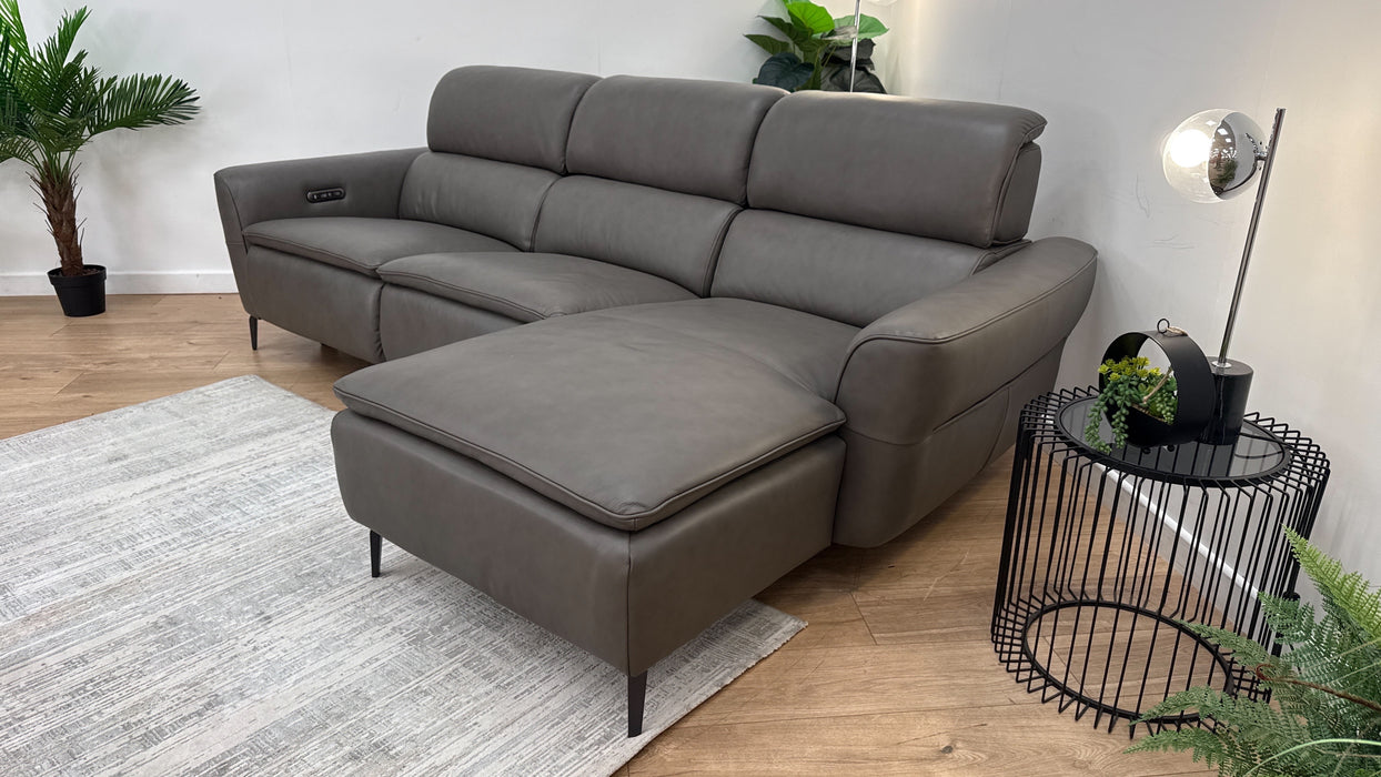 Sofology The Viento Leather 3 Seater Chaise Power Recliner/Headrest in Trusty Embossed Grey