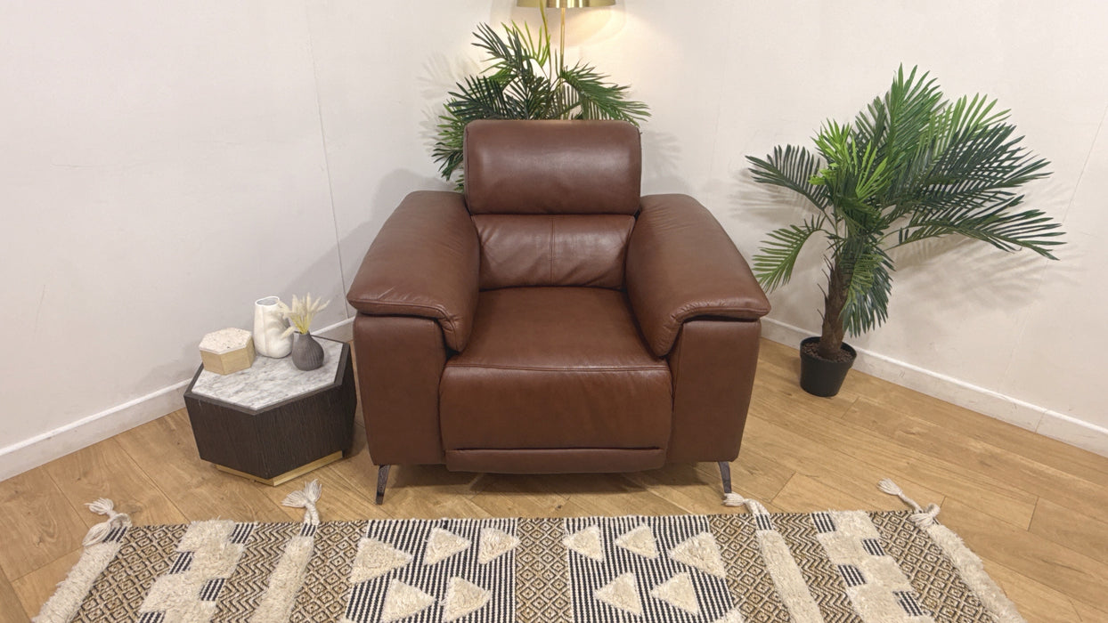 Sofology Fratelli Leather Chair Power Recliner/Headrest in Trusty Embossed Chestnut