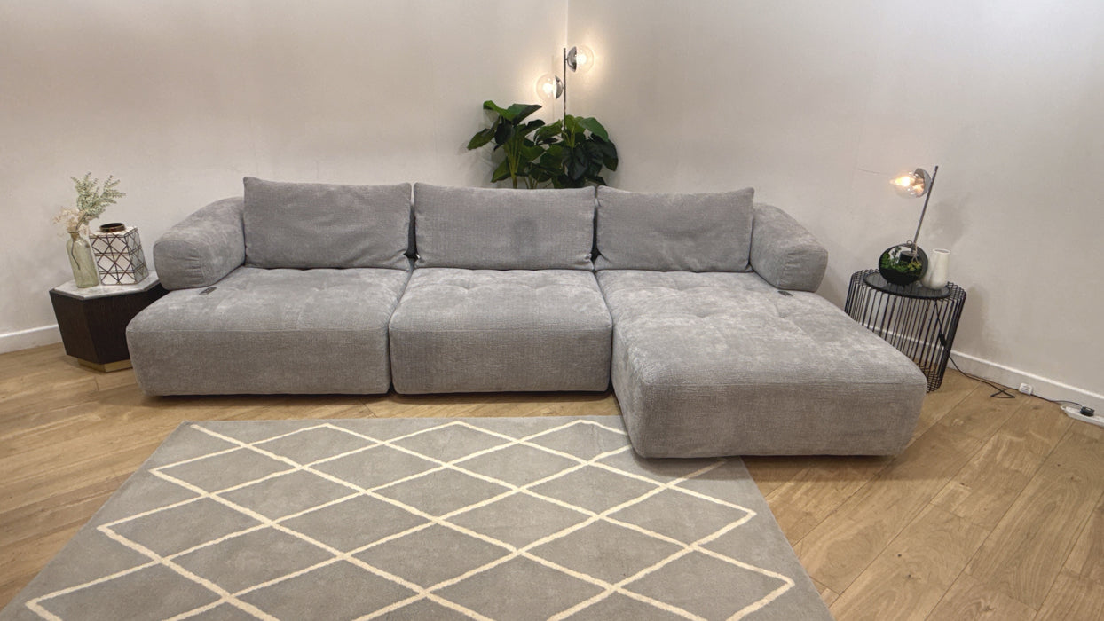 Sofology Fabric Flex 4 Seater Chaise Large Full Back Power Motion Back in Heavy Textured Chenille Light Grey