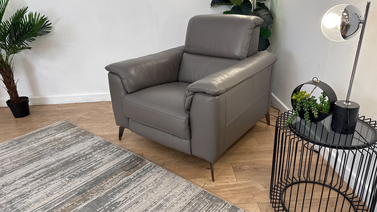 Sofology Illinois Leather Chair Power Recliner/Headrest Heated Seat in Trusty Soft Sheen Fossil Grey