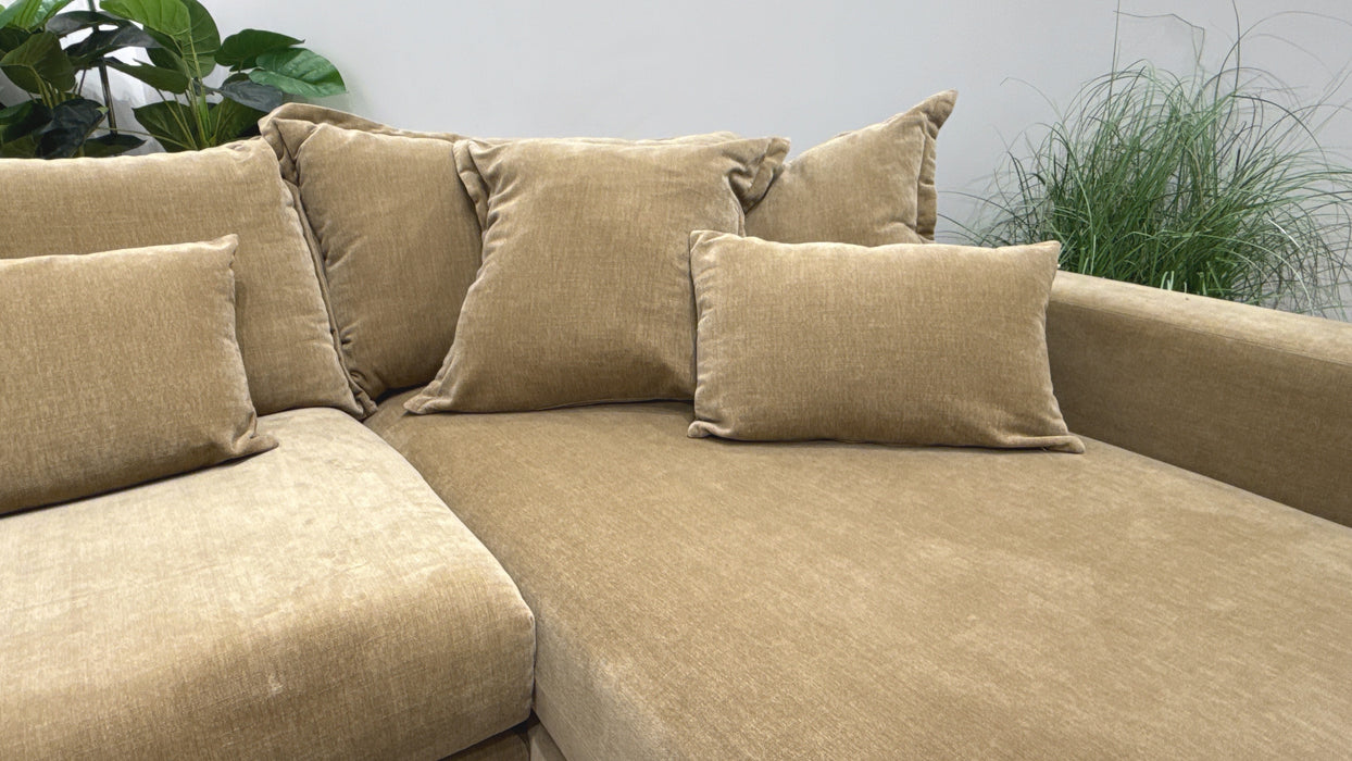 Sofology Cove Fabric Grande Double Chaise Dark Wood Panel in Soft Chenille Caramel