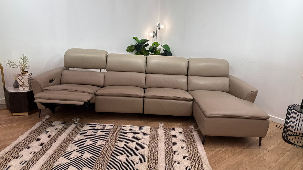 Sofology Viento Leather 4 Seater Chaise Console Power Recliner/Headrest Heated Seat Lumbar in Trusty Embossed Stone