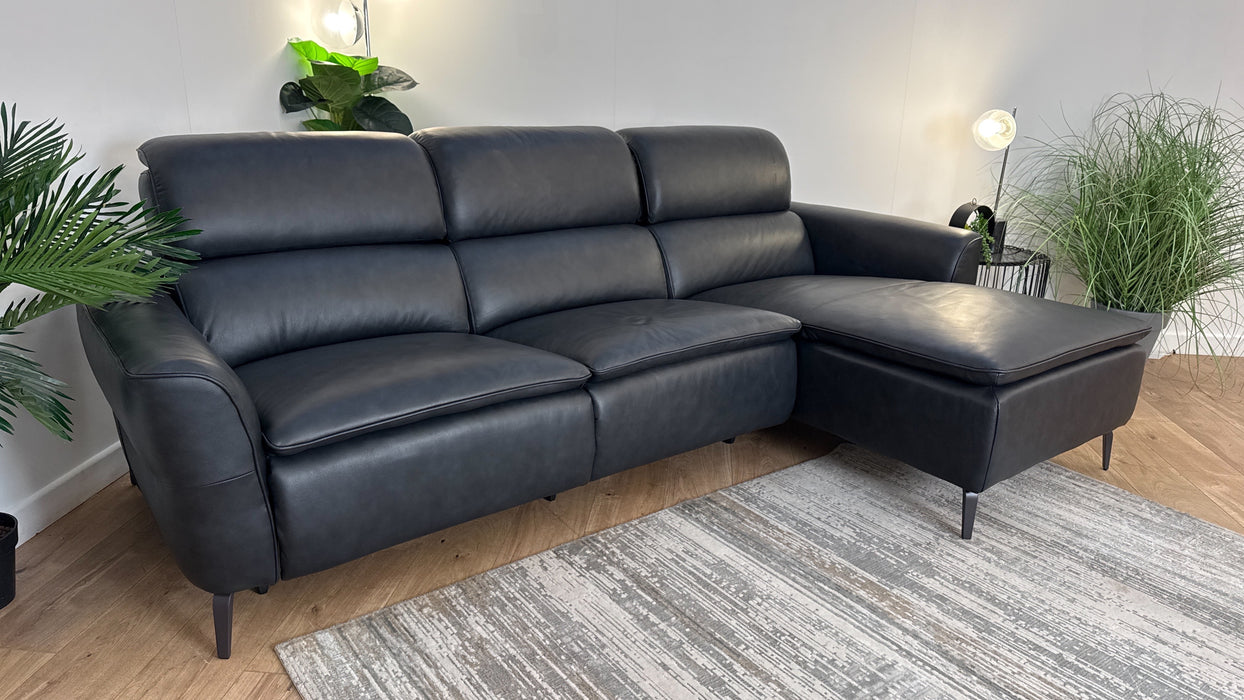 Sofology The Viento Leather 3 Seater Chaise Power Recliner/Headrest Lumbar in Trusty Embossed Leather Navy