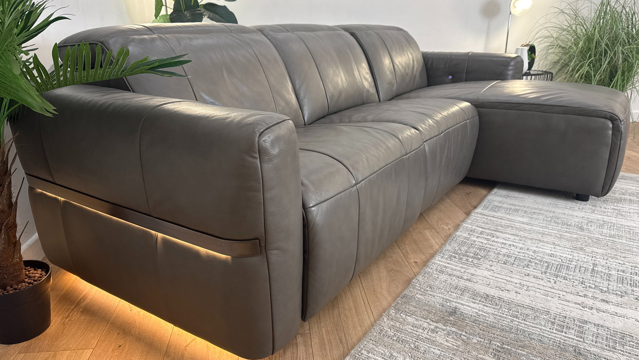Sofology Lumiere Leather 4 Seater Chaise Power Recliner/Headrest Heated Seat in Trusty Embossed Grey