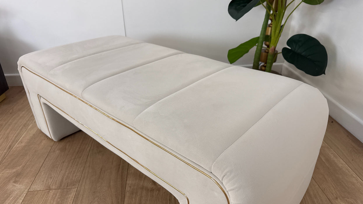 Sofology The Oscar Fabric Small Bench Footstool Gold Trim in Super Matt Velvet Ecru