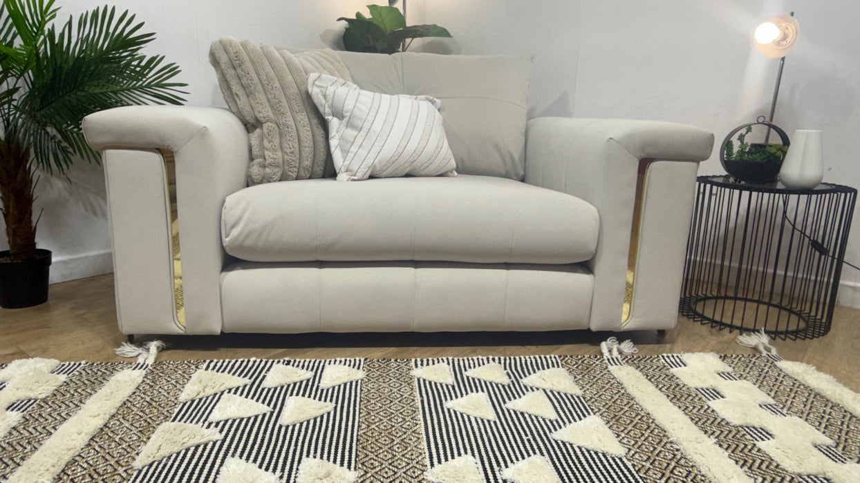 Sofology Oscar Fabric Loveseat Gold Trim in Super Matt Velvet Ecru Mix