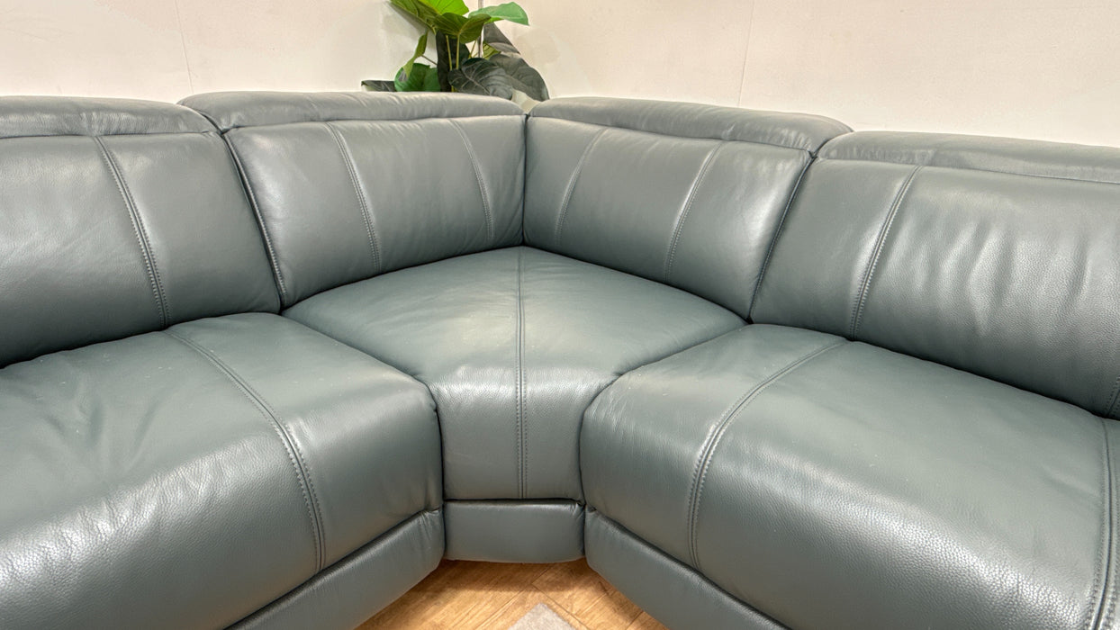 Sofology Allure Leather 3 Screen Console Corner Screen Console 3 Power Recliner/Headrest Heated Seats Lumbar Support Speakers in Trusty Embossed Peacock