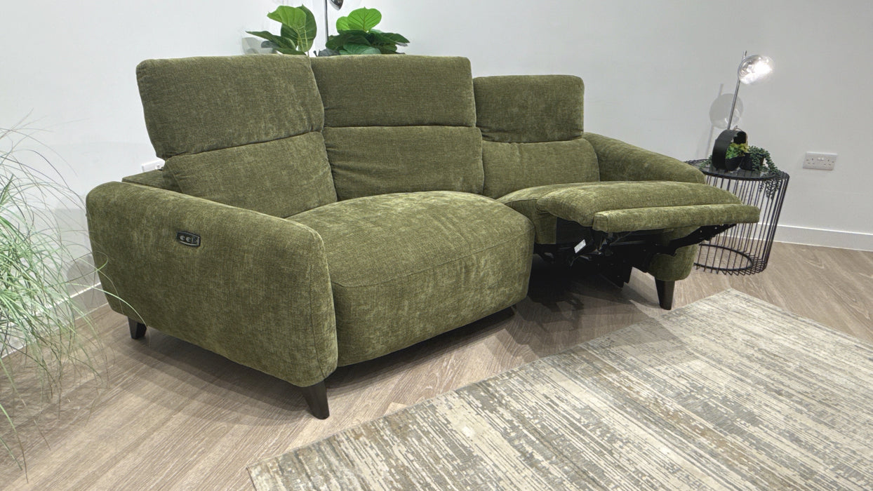 Sofology Larsen Fabric Asymmetrical 3 Seater Power Recliner/Headrest in Chunky Linen Look Chenille Olive