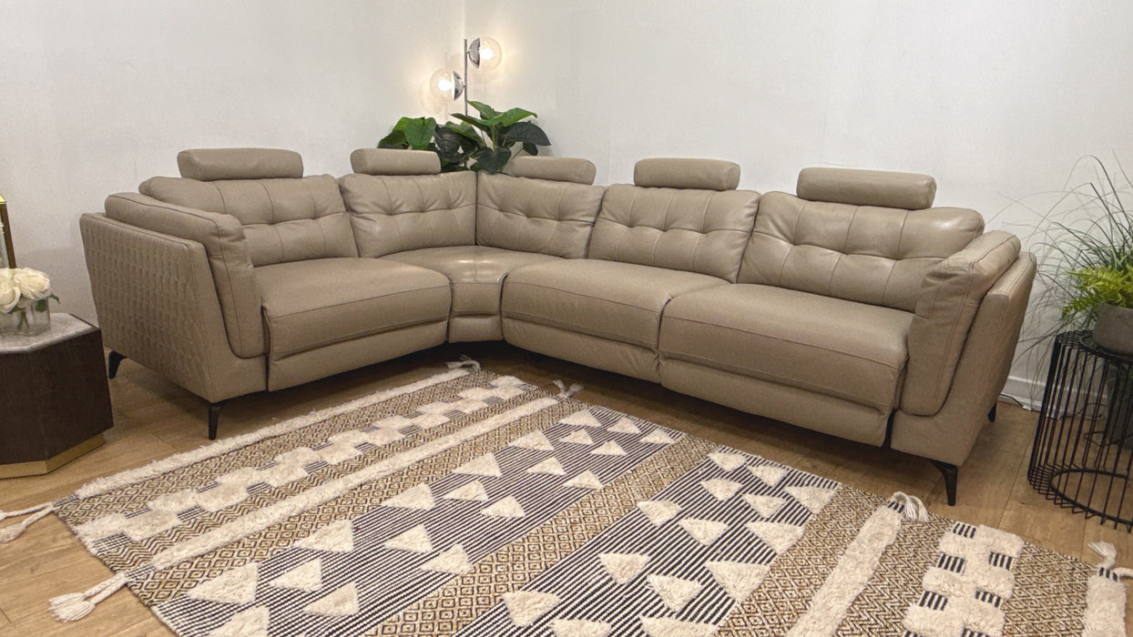 Sofology Muse Leather 1.5 Corner 3 Power Recliner Supportive Headrests in Trusty Embossed Stone
