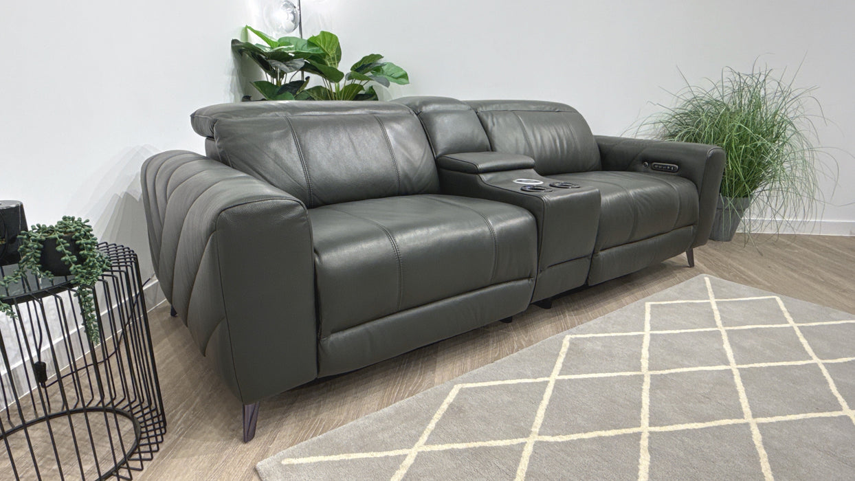 Sofology Allure Leather 2.5 Smart Console Power Recliner/Headrest Heated Seats Lumbar Support Speakers in Trusty Embossed Charcoal