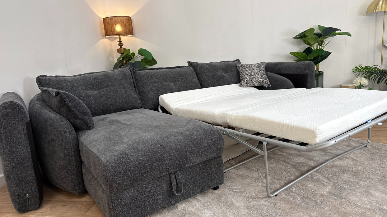Sofology The Portobello Fabric Chaise 3 Seater Sofa Bed with Storage & Foam Seats in Linen Look Chenille Charcoal
