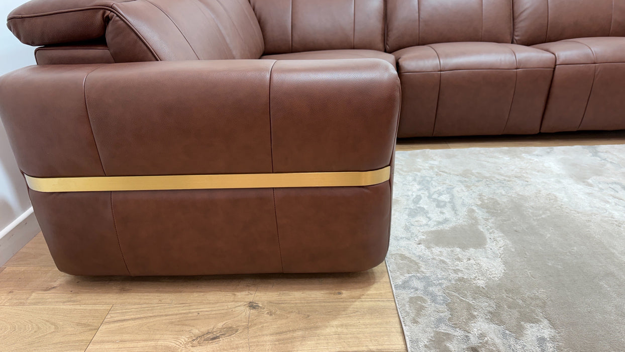 Sofology Lumiere Leather 1.5 Corner 3 Power Recliner/Headrest Gold Trim in Trusty Embossed Chestnut