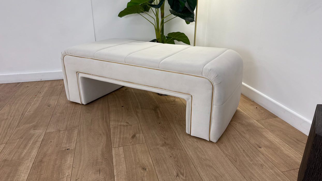 Sofology the Oscar Fabric Small Bench Footstool Gold Trim in Super Matt Velvet Ecru