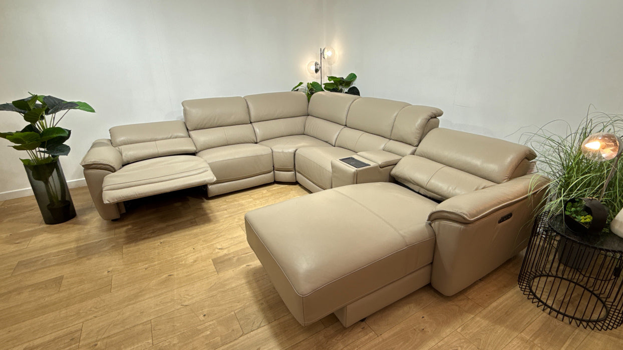 Sofology Hugo Leather 3 Corner Console 3 Power Chaise Power Recliner/Headrest in Trusty Embossed  Stone