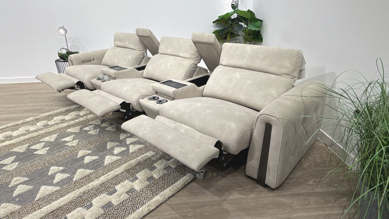 Sofology Kingsbridge 3 Seater Triple Power Recliner Cinema Sofa in Flecked Fabric Ivory