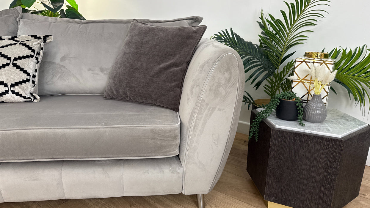 Sofology Gabrielle Fabric 4 Seater Chrome Trim in Plush Pebble/Alexa Truffle