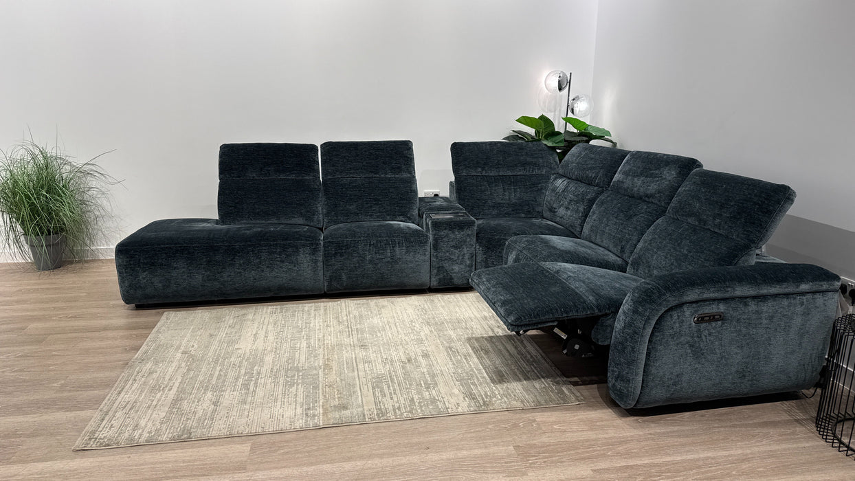 Sofology Drift Fabric Chaise 3 Console Corner 3 Power Recliner/Headrest in Luxury Textured Chenille Lagoon