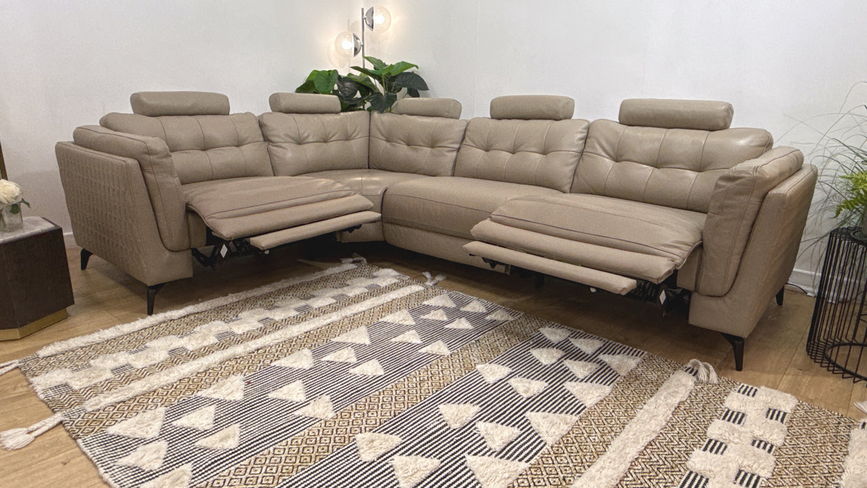 Sofology Muse Leather 1.5 Corner 3 Power Recliner Supportive Headrests in Trusty Embossed Stone