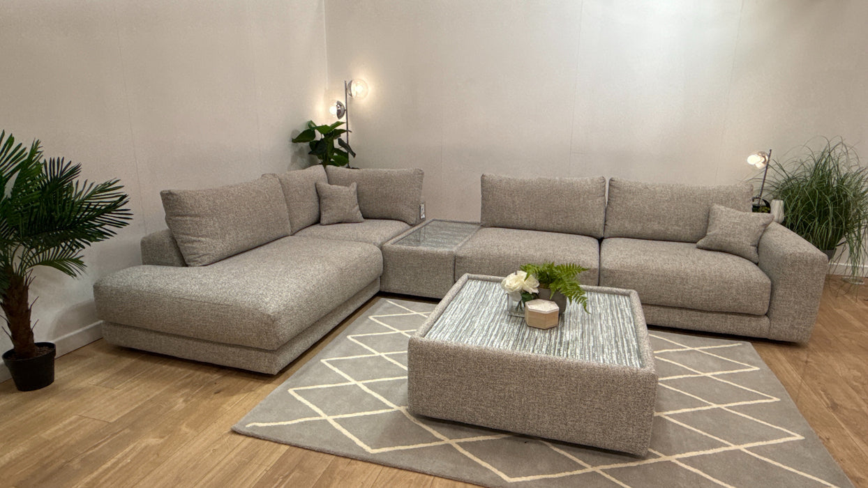 Sofology Amalfi Fabric Chaise 1 Corner Console 3 in Micro Flecked Boucle + Glass Table Pebble Mix