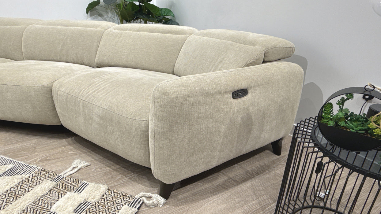 Sofology Larsen Fabric 4 Seater Asymmetrical Power Recliner/Headrest in Chunky Linen Look Chenille Pebble
