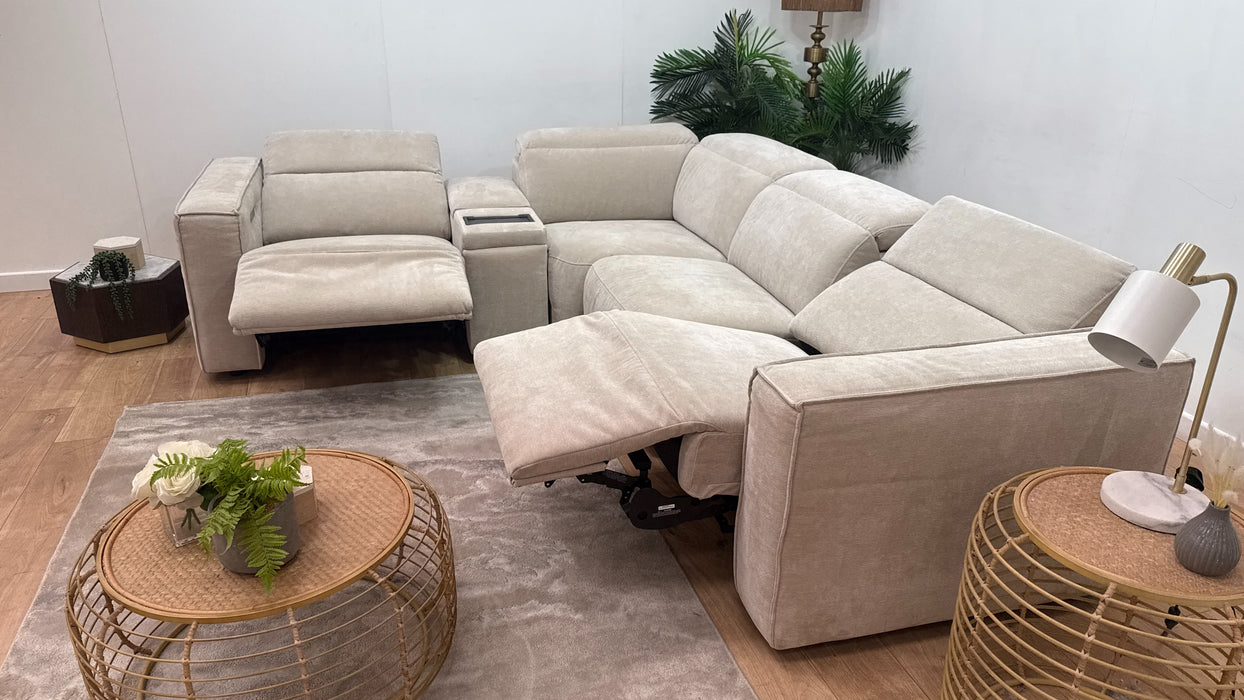 Sofology Horizon Fabric 1.5 Smart Console Corner 3 Power Recliner/Headrest Heated Seats in Textured Chenille Stone