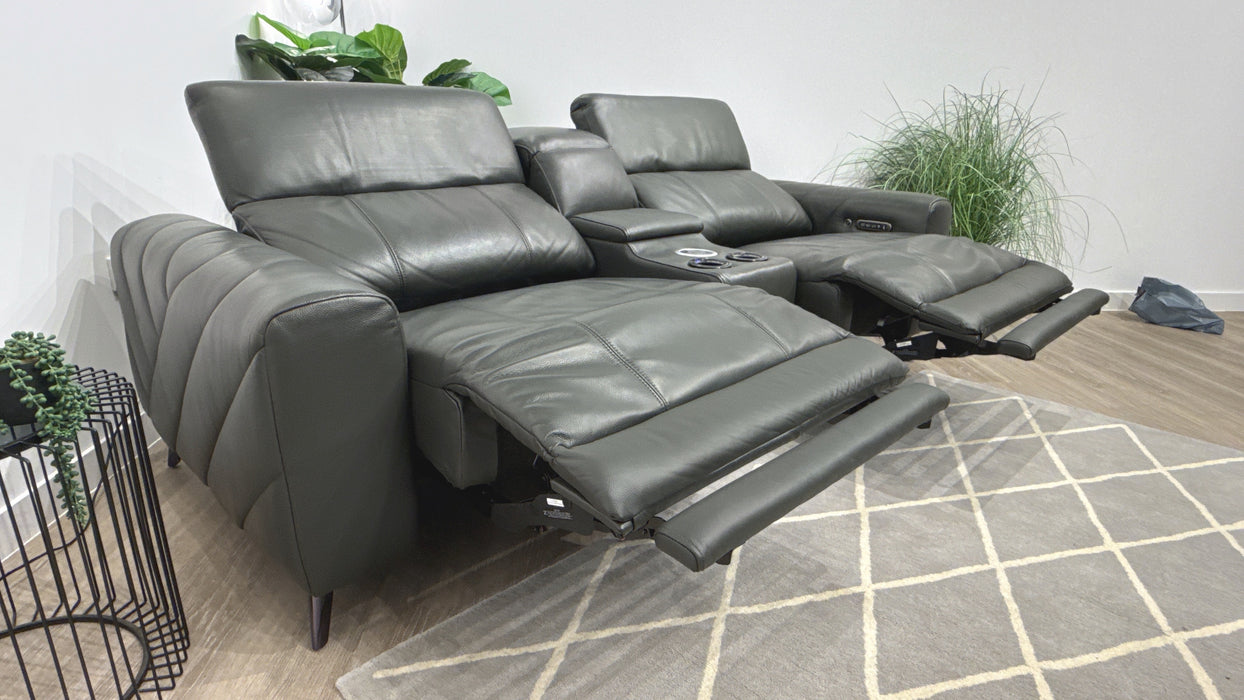 Sofology Allure Leather 2.5 Smart Console Power Recliner/Headrest Heated Seats Lumbar Support Speakers in Trusty Embossed Charcoal
