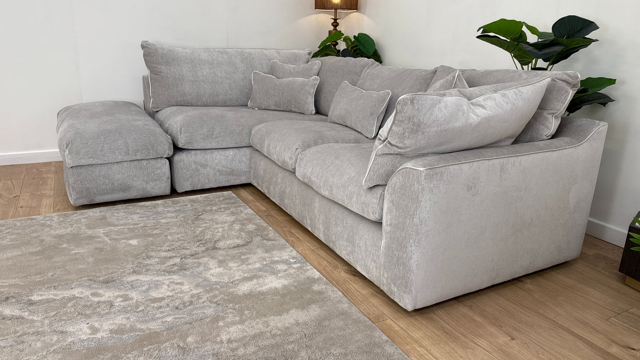 Sofology Georgio Fabric Terminal 1 Corner 3 Feather Flex Seats in Luxury Deep Pile Chenille Silver Mix