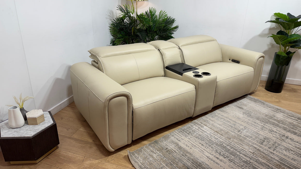Sofology Premiere Leather 2.5 Seater Smart Console Power Recliner/Headrest Heated Seats in Trusty Embossed Bone China