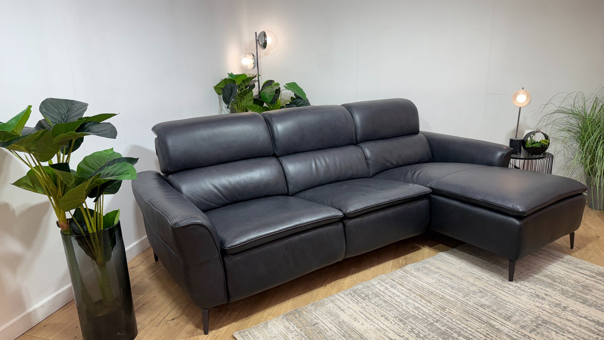 Sofology Viento Leather 3 Seater Chaise Power Recliner/Headrest Heated Seat Lumbar Support in Trusty Embossed Navy