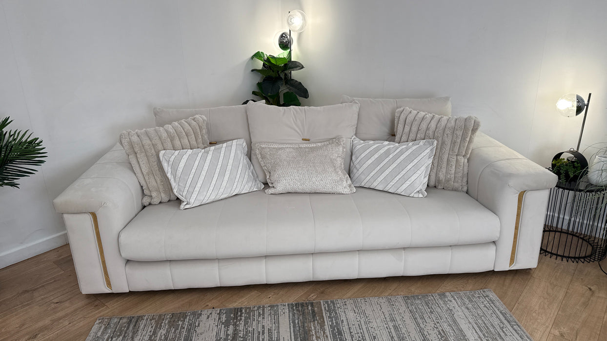 Sofology The Oscar Fabric 4 Seater Gold Trim in Super Matt Velvet Ecru Mix