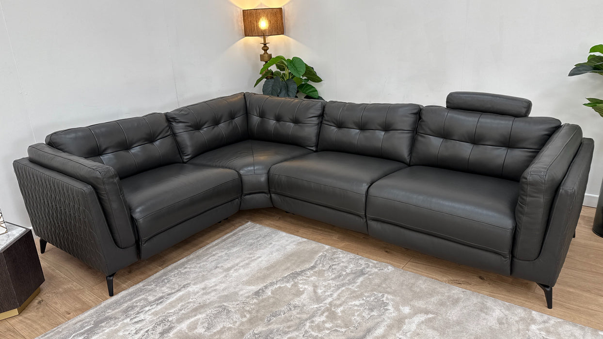 Sofology The Muse 1.5 Corner 3 Fabric Recliner Sofa in Trusty Embossed Leather Charcoal