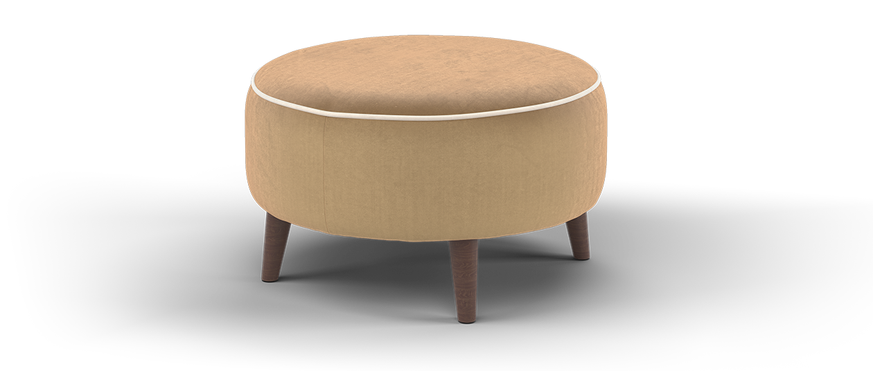 Sofology Fabric Round Designer Footstool in Super Matt Velvet Caramel With Natural Contrast Piping