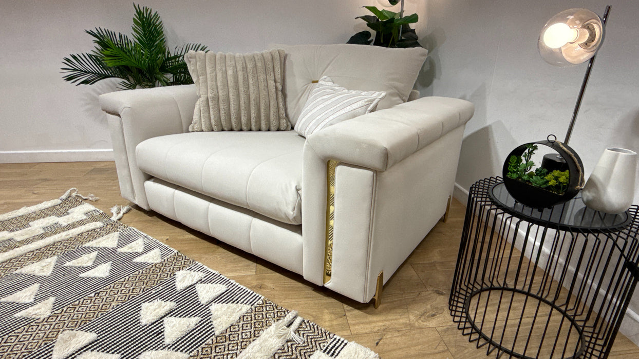 Sofology Oscar Fabric Loveseat Gold Trim in Super Matt Velvet Ecru Mix