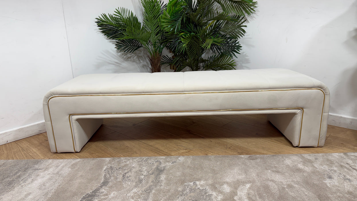 Sofology Oscar Fabric Large Bench Footstool Gold Trim in Super Matt Velvet Ecru