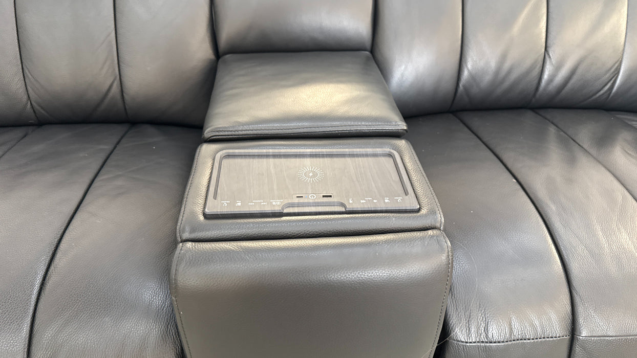Sofology The Paramount Leather 2.5 Seater Console Power Recliner/Headrest Speakers in Trusty Embossed Jet Black