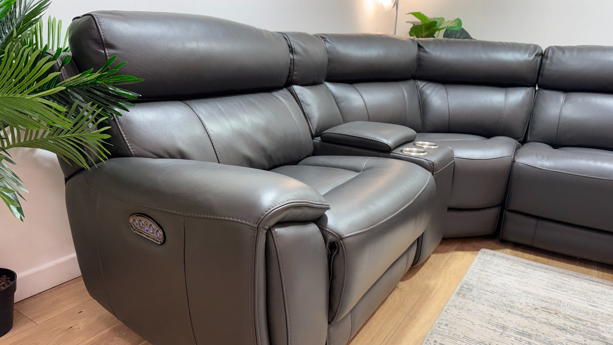 Sofology Radleigh Leather 1.5 Corner 2.5 Console Triple Power Recliner/Headrest in Trusty Soft Sheen Charcoal