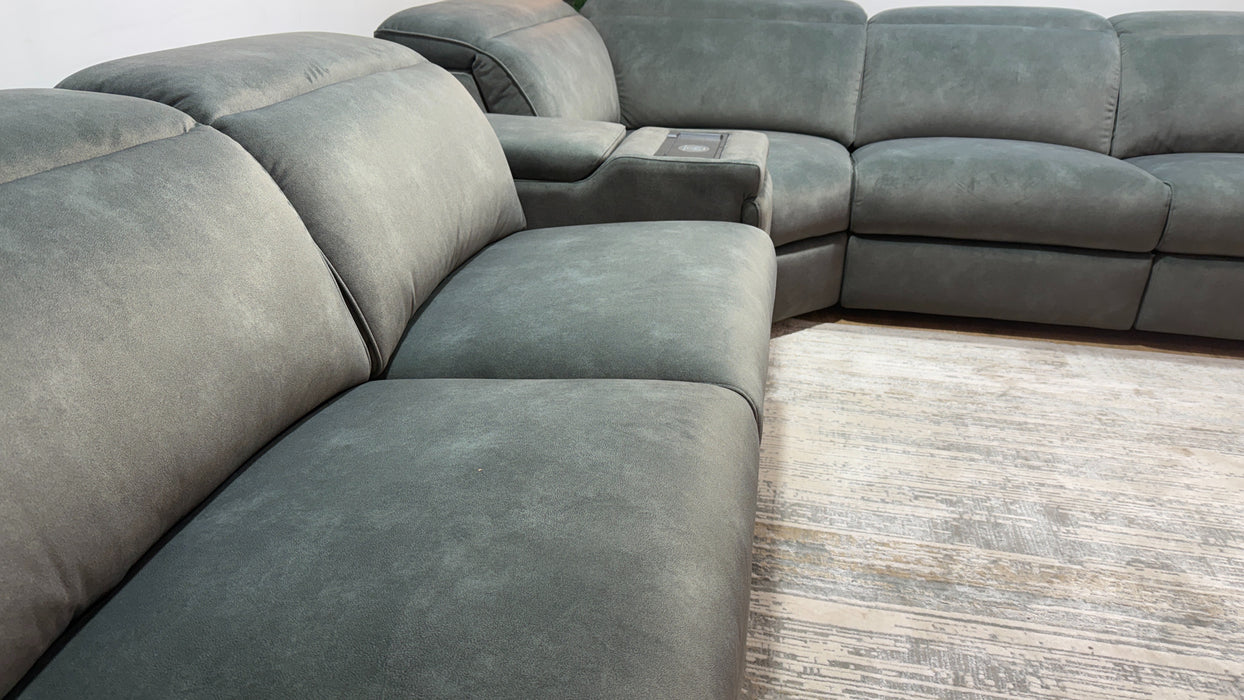 Sofology Plaza Fabric 3 Corner Smart Console 3 Power Recliner/Headrest Heated Seat in Lifestyle Flecked Mineral Green