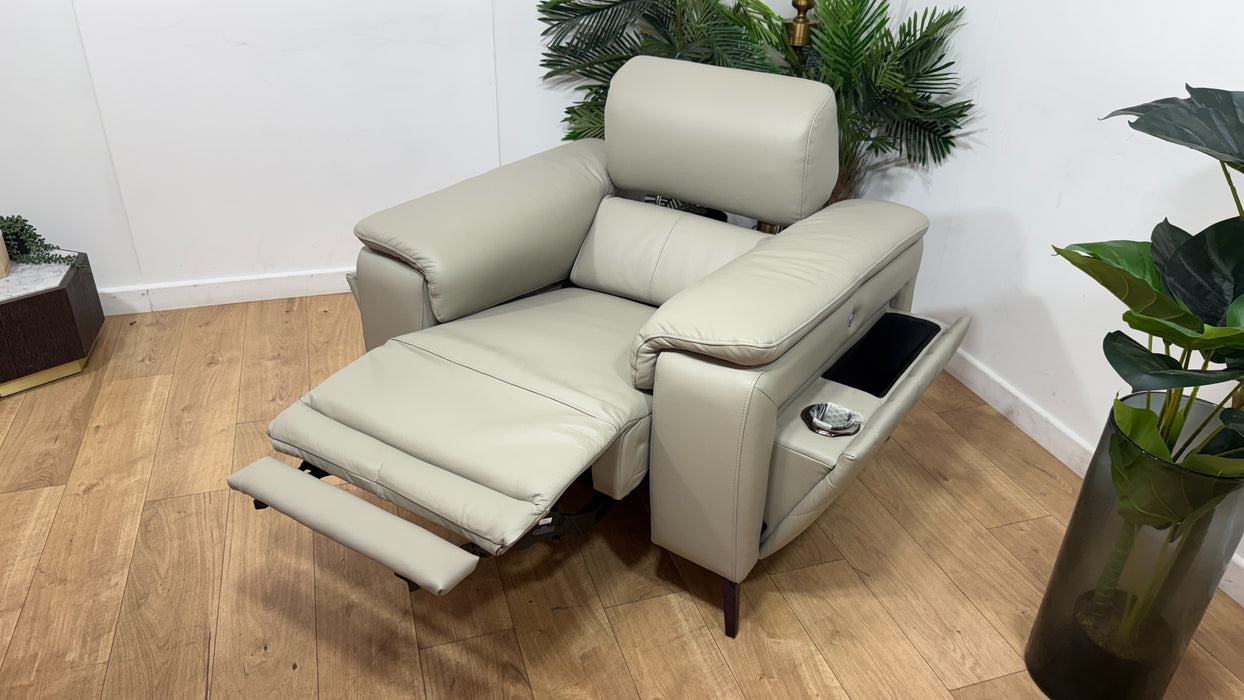 Sofology Fratelli Leather Chair Power Recliner/Headrest in Trusty Embossed Light Grey
