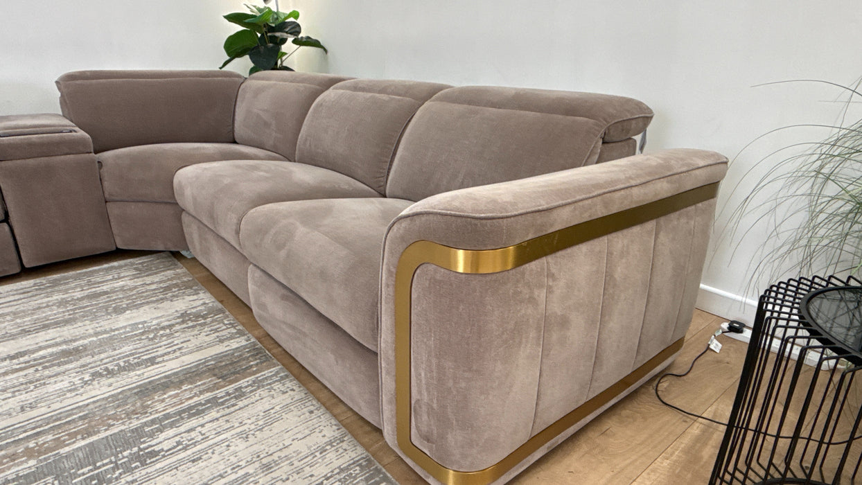 Sofology Plaza Fabric 1.5 Smart Console Corner 3 Power Recliner/Headrest Heated Seats in Relaxed Chenille Nutmeg