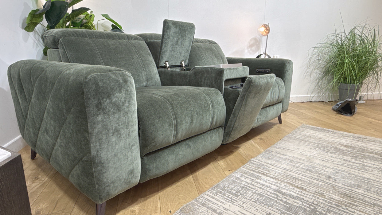 Sofology Alllure Fabric 2 Seater Screen Console Power Recliner/Headrest Heated Seats Lumbar Support Speakers in Relaxed Chenille Pine