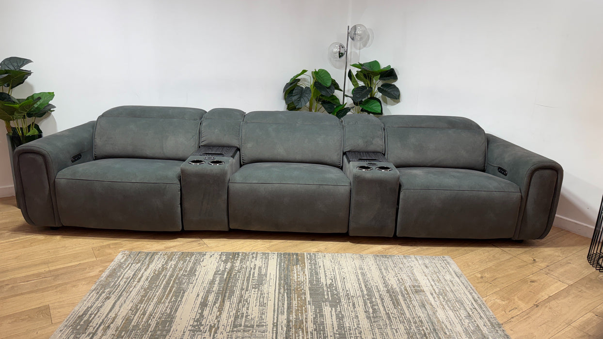 Sofology Premiere Fabric 3 Seater Cinema Sofa Consoles Power Recliner/Headrest x 3 in Lifestyle Flecked Mineral Green
