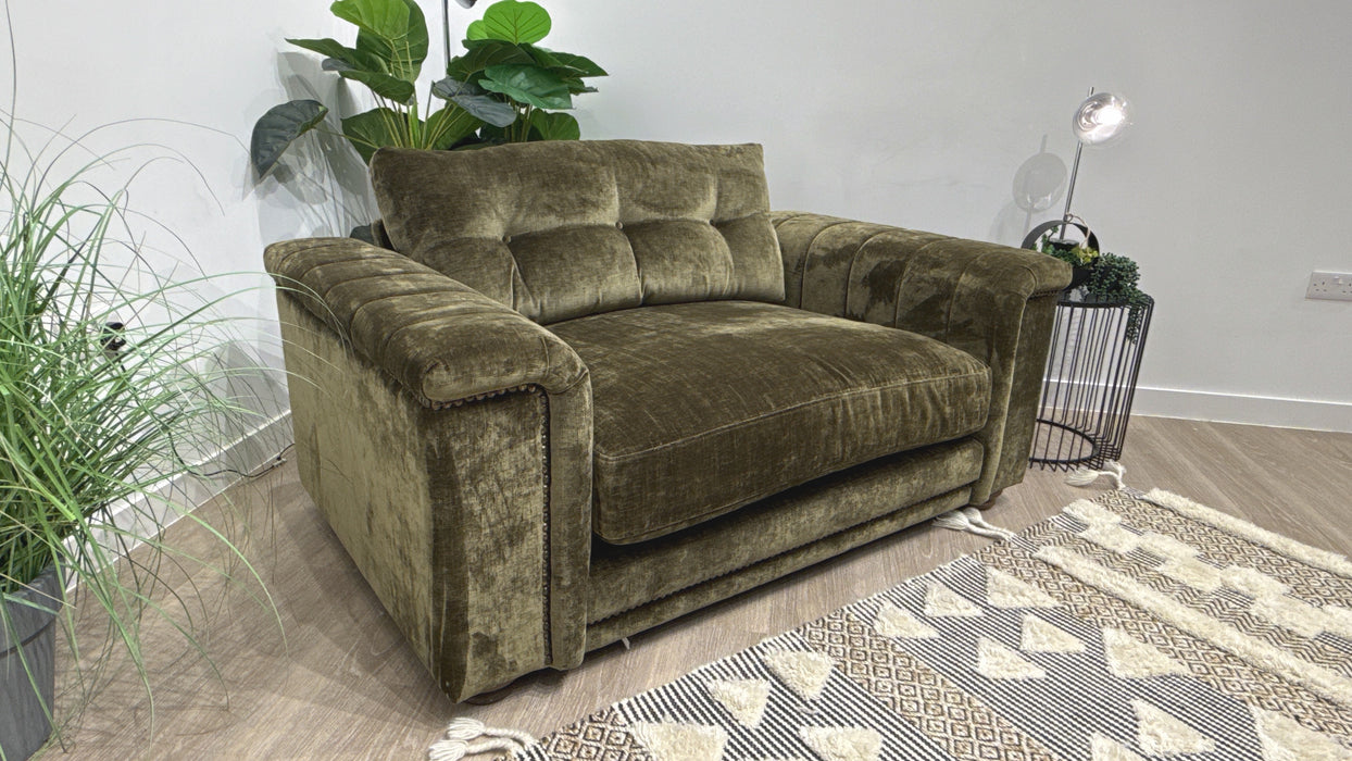 Sofology Regency Fabric Loveseat Foam Seat with Studs in Luxe Chenille Olive Mix