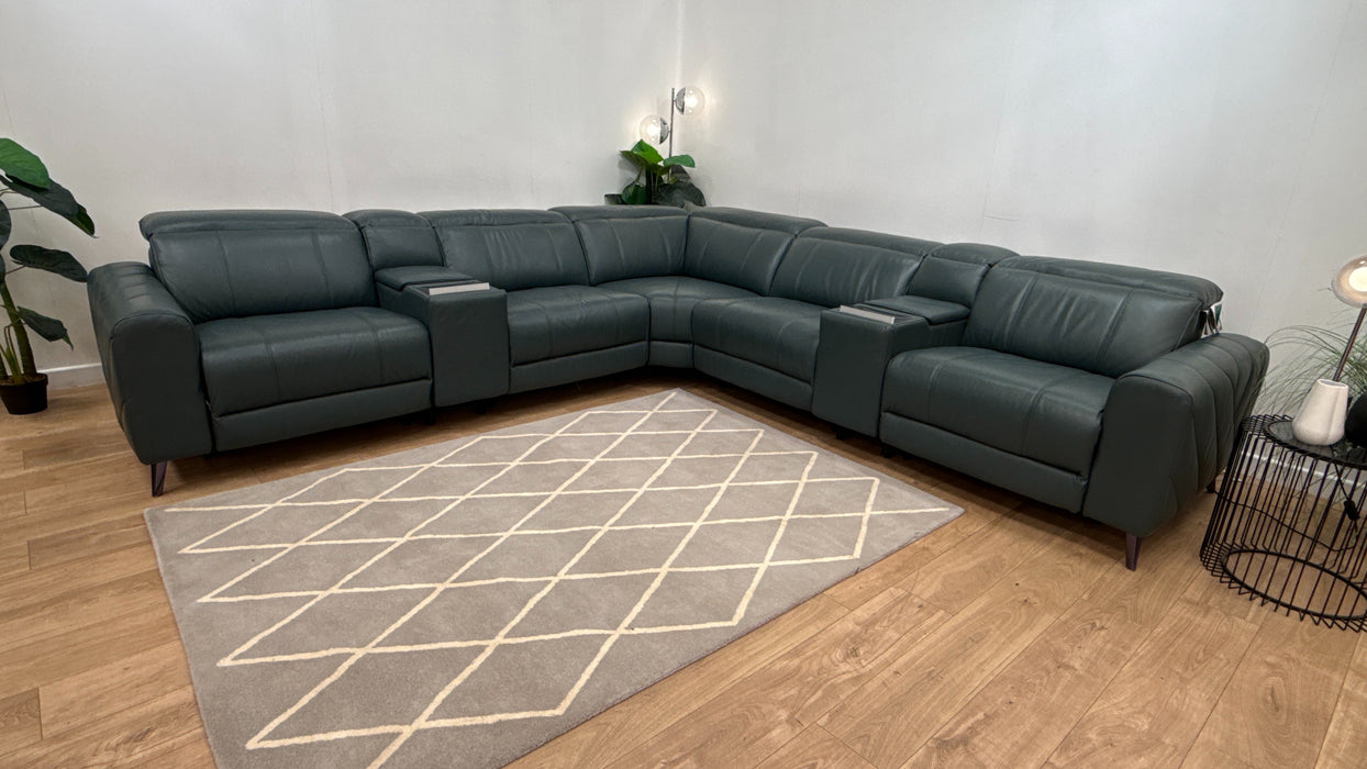 Sofology Allure Leather 3 Screen Console Corner Screen Console 3 Power Recliner/Headrest Heated Seats Lumbar Support Speakers in Trusty Embossed Peacock
