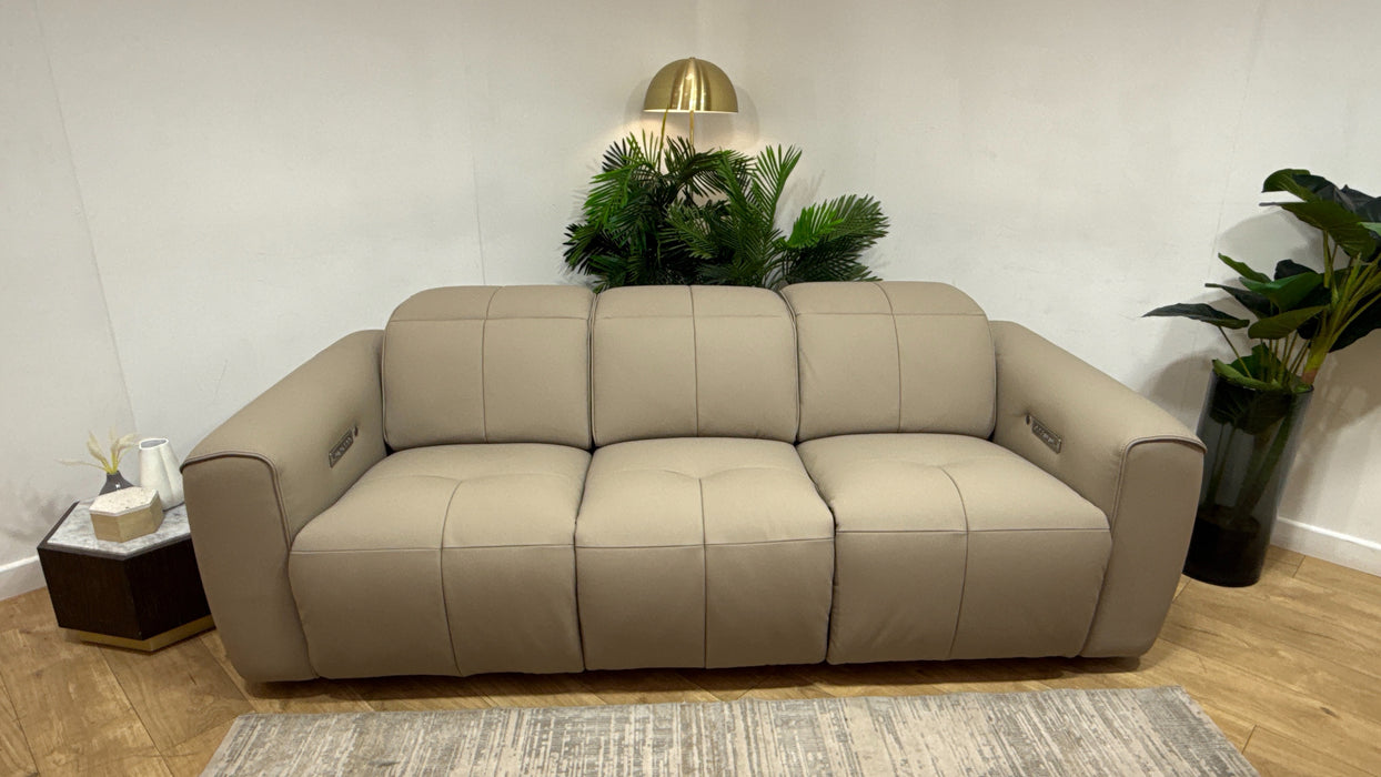 Sofology Riviera 3 Seater Leather Power Recliner, Power Hdrst + Heated Seats in Super Matt Putty