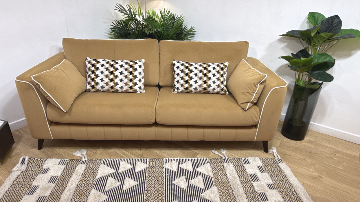 Sofology Remy Fabric 4 Seater in Super Matt Velvet Caramel Mix With Natural Contrast Piping