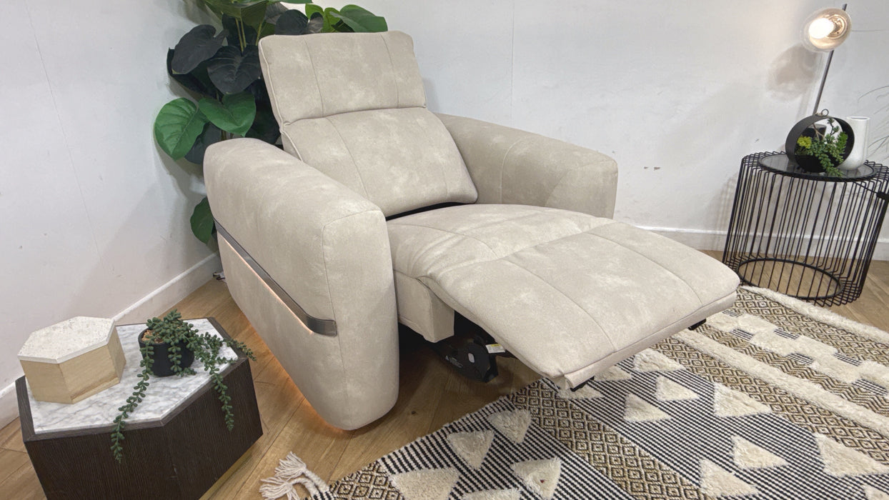 Sofology Fabric Chair Power Recliner/Headrest Heated Seat in Lifestyle Flecked Ivory