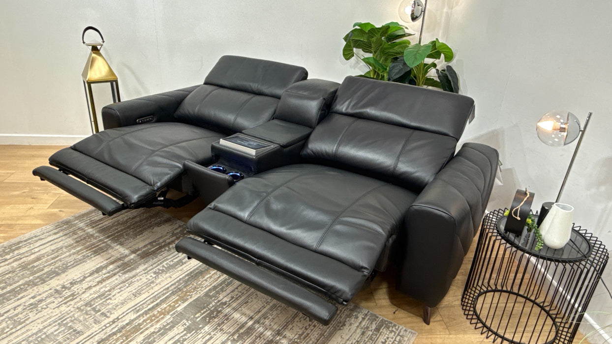 Sofology Allure Leather 2.5 Seater Screen Console Power Recliner/Headrest Heated Seats Lumbar Speakers in Trusty Embossed Jet Black